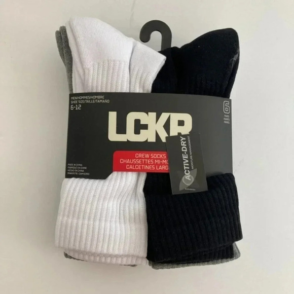 LCKR 6-Pack Athletic Crew Socks 6-12 Black/White/Gray - Picture 1 of 3